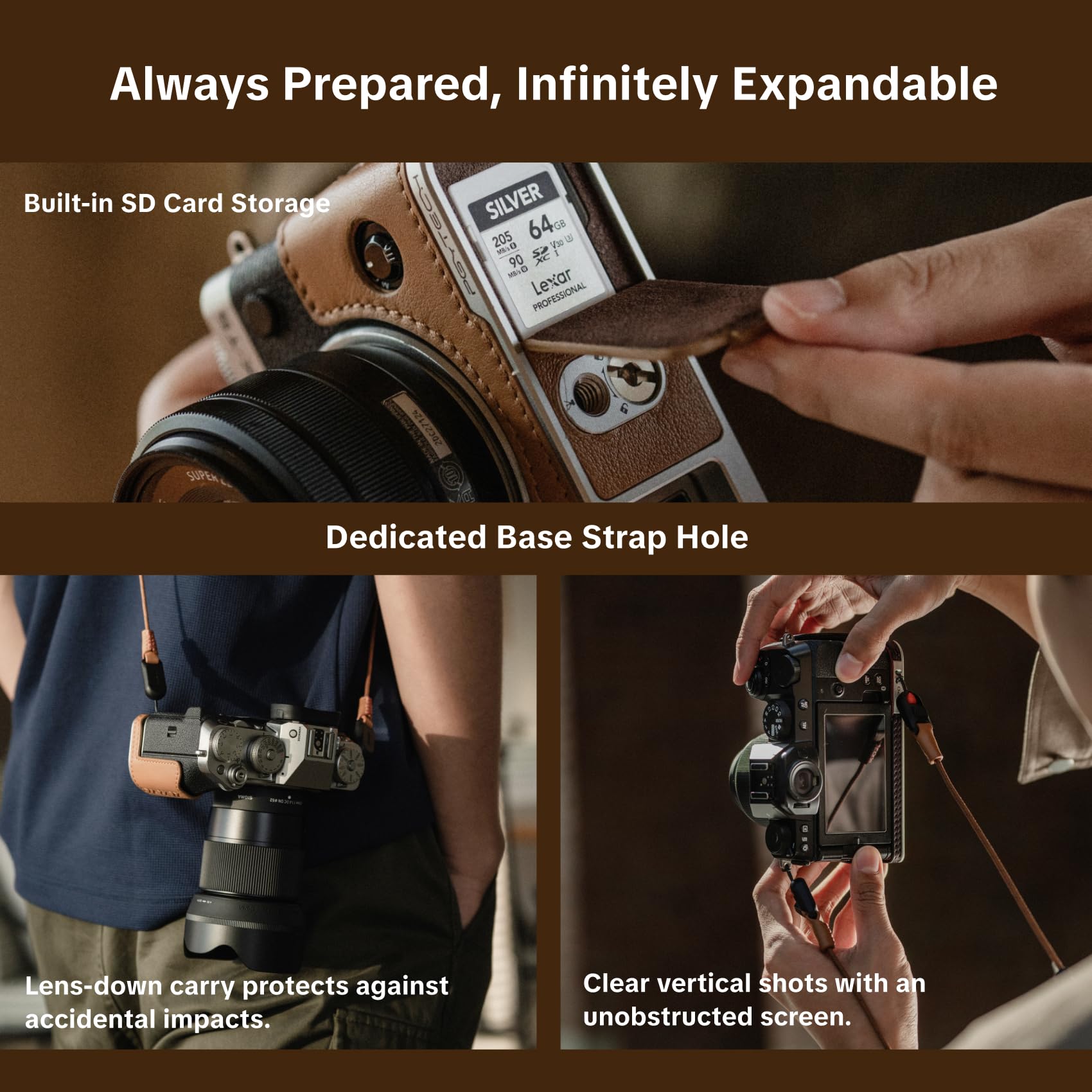 PGYTECH Mezza Custodia per Fujifilm in Vera Pelle, Vintage Camera Case | Per Fujifilm X-T5, Base in lega di alluminio, Vano SD integrato, Filettatura 1/4"-20 per treppiede, per tracolla, Nero