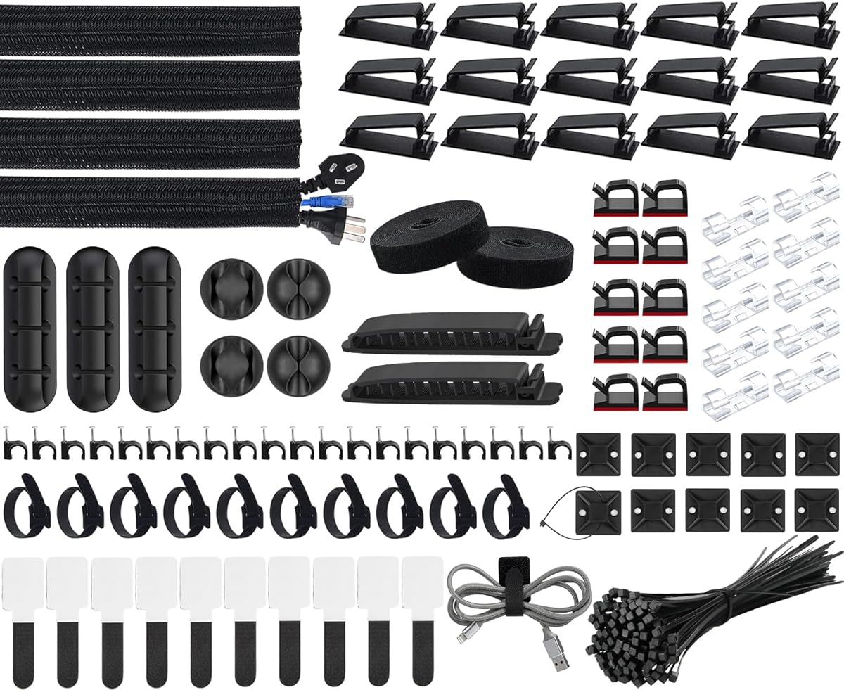 SOULWIT Kabelmanagement Kit, 4 Kabelschläuche, 7 Silikon Kabelhalter, 20+2 Kabelbinder Selbstklebend, 37 Kabelklemmen Groß, 100 Kabelbinder, 20 Kabelschelle Nagelschellen, 10 Klebesockel für TV PC