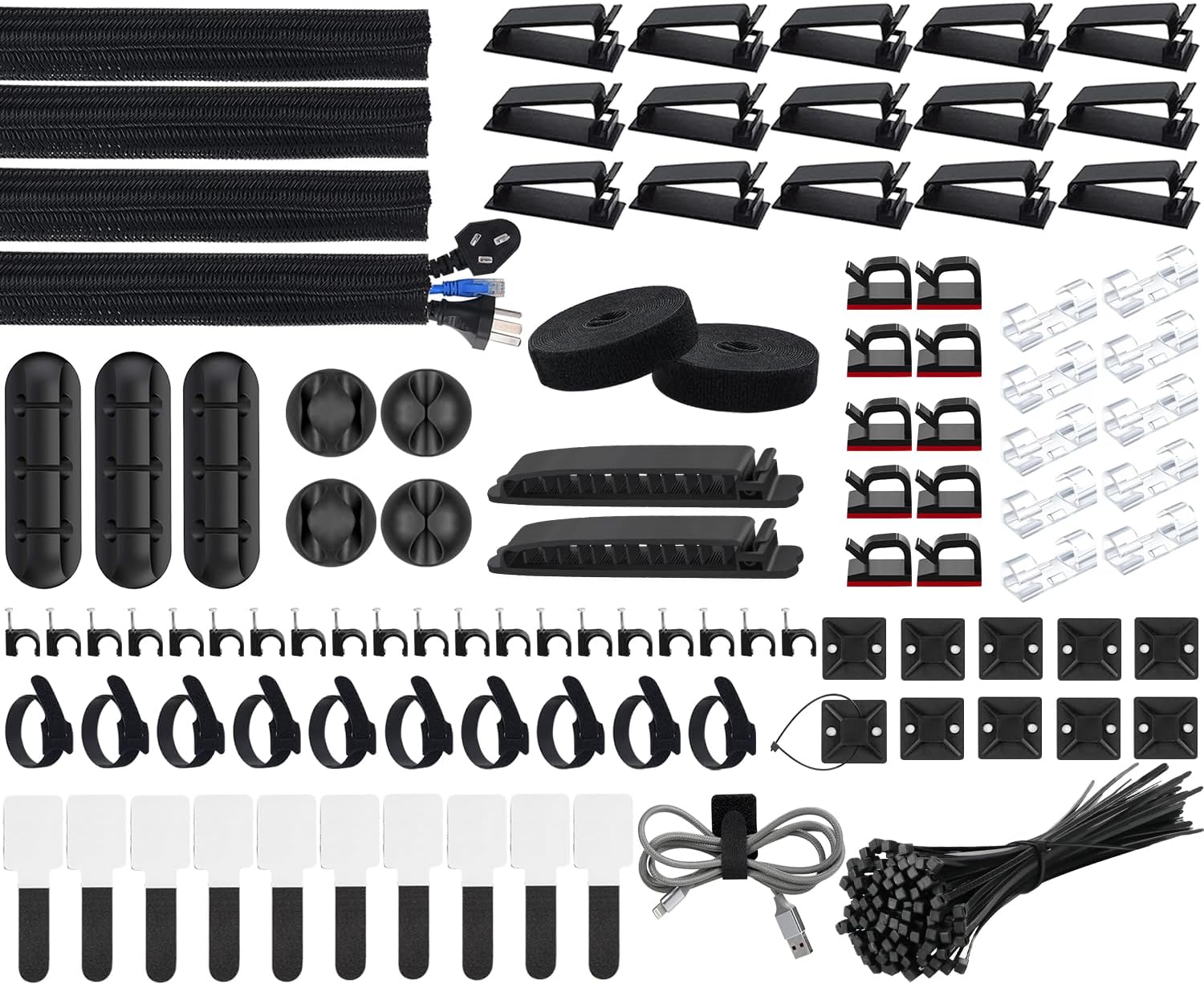 SOULWIT Cable Management Kit, 4 Cable Sleeves, 3 Clips Cable Organizer, 10 + 2 Cable Ties Extender, 15 Adhesive Cable Clips, 100 Cable Ties