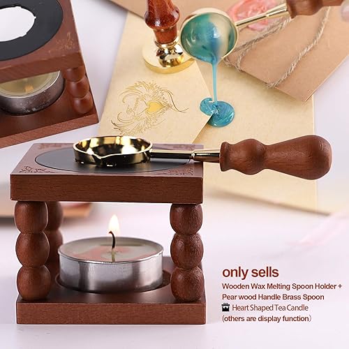 Miniatura 7 de Herramienta de horno de fusión de sello de cera, calentador de sellos de cera de madera con cuchara de latón resistente al calor y vela de té en