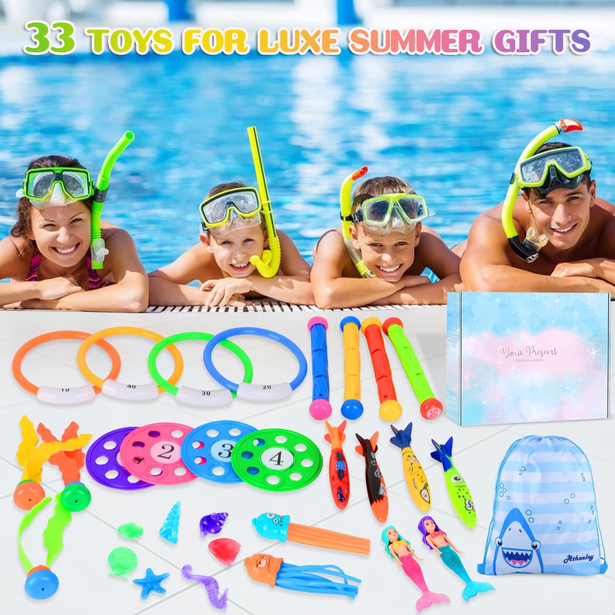33 Pièces Jouets de Plongée, Jouet de Natation pour Piscine avec Coffret Cadeau, Jeux Piscine Enfant avec Sac de Rangement, Jouet sous Eau été avec Bâtons de Plongée