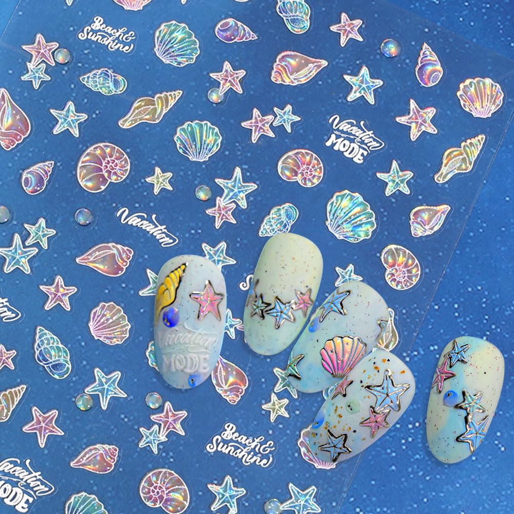 5D Glitter Beach Nail Stickers for Women, Shell Light Starfish Conches Seashells Summer Nail Art Stickers 5D Embossed Nail Decals Self Adhesive Ocean