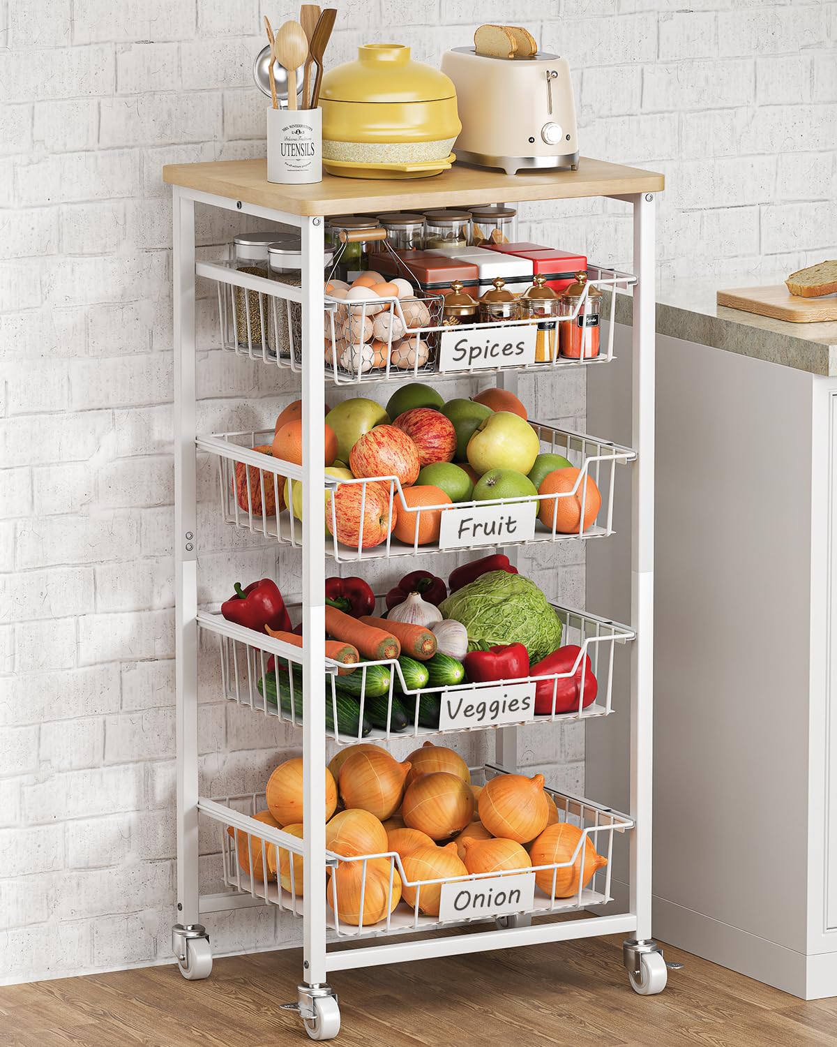 Photo 1 of CHLORYARD Fruit Vegetable Basket for Kitchen Pantry Storage Organizer, 5-Tier Metal Utility Kitchen Rolling Cart on Wheels with Drawer Rack and Wood Top for Potatoes Onions