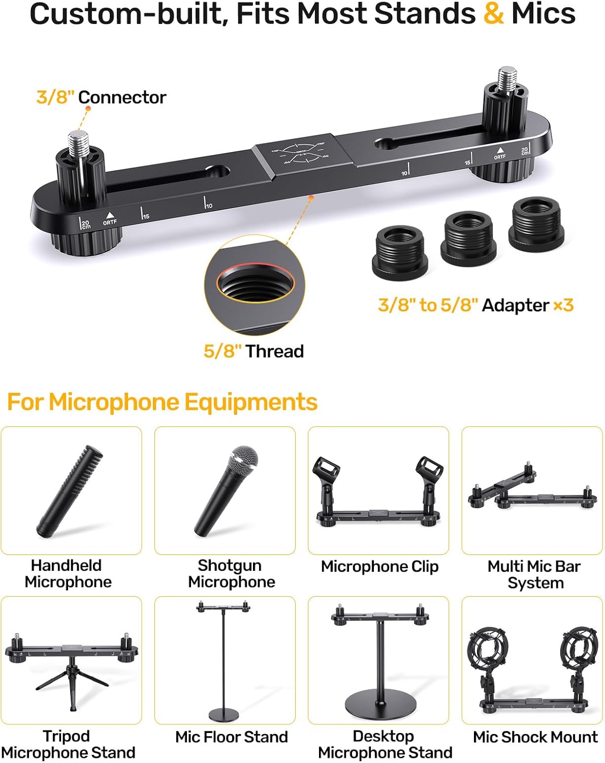 Stereo Array Spacing Microphone Holder with Scale Adjustable Position for Two Mics or Booms, Mic Mount Bar Fits Most Mic Stands, with 3/8" - 5/8" Screw Adapters
