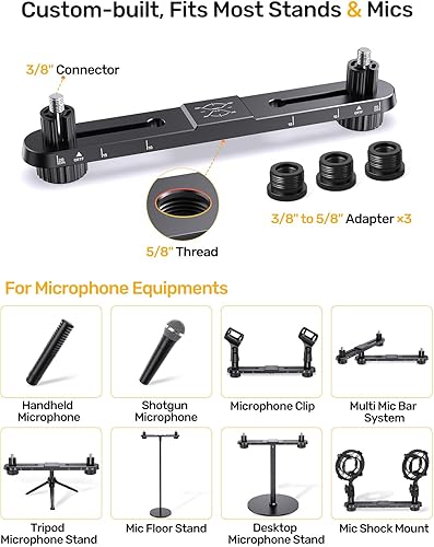 Miniatura 4 de Soporte de micrófono estéreo con espaciado de matriz con escala ajustable para dos micrófonos o brazos, barra de montaje de micrófono se adapta a la