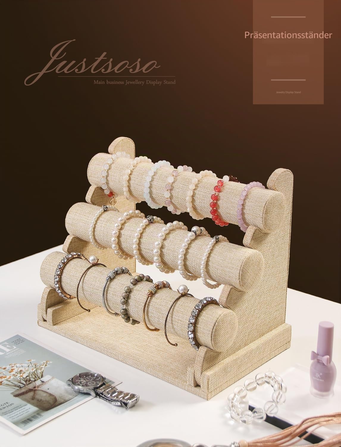 3-stöckiger abnehmbarer Armbandhalter, Armband-Schmuckständer für Show, Uhren-Haargummi-Kopf, Krawattenhalter, Organizer für Zuhause oder Ladenausstellung (gelbes Leinen)