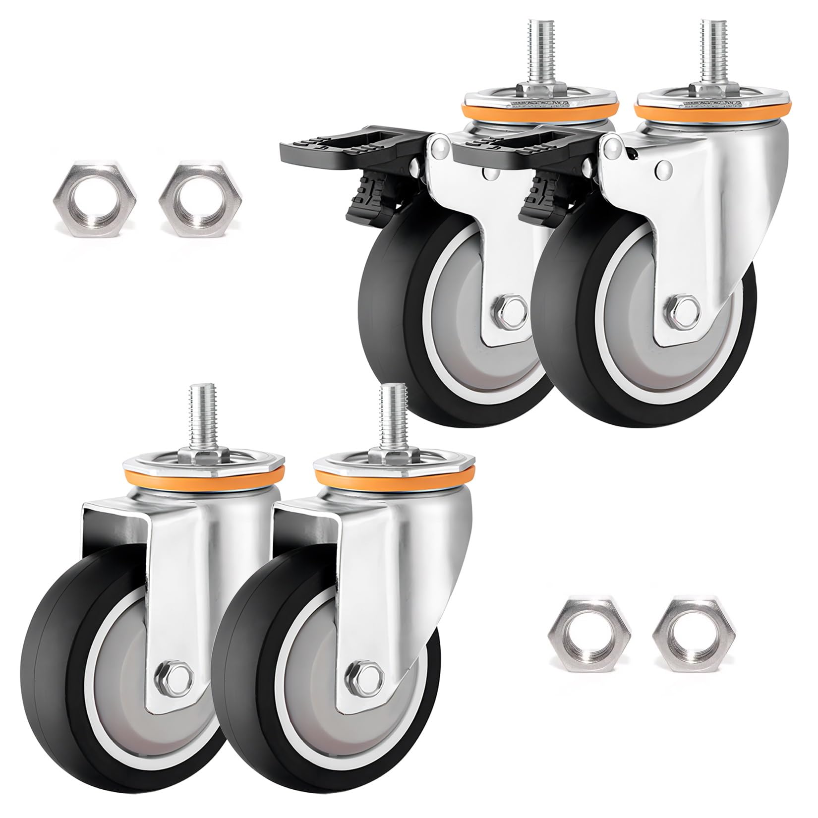 GYRAZXS Set of 4 Quiet 360° Swivel TPR Rubber Casters with Brake M10 M12 Threaded Stem Diameters 6m 75mm 100mm 125mm Perfect for Trolleys Furniture Workbenches and Transport