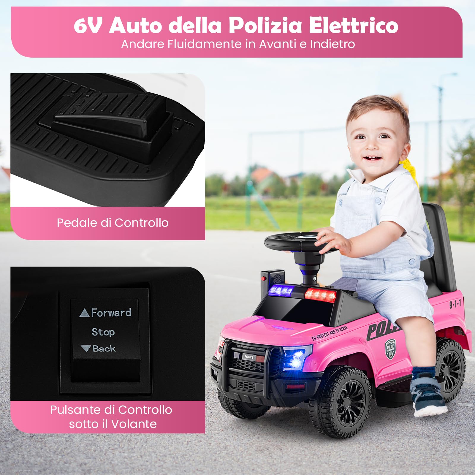 GYMAX Macchina della Polizia Alimentata a Batteria 6V con Megafono Sirene e Luci, Cavalcabile con Musica per Bambini e Bambine 18-60 Mesi (Rosa)