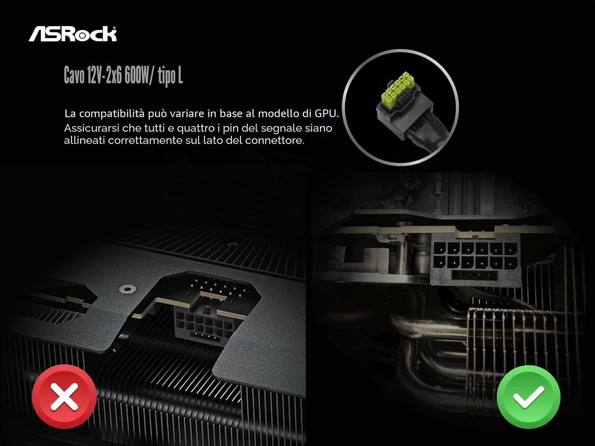 ASRock Cavo di alimentazione 12 V-2 x 6 600 W, conforme ATX 3.1 e PCIe 5.1, connettore GPU a forma di L, terminali HCS 16 AWG, per PSU ASRock Taichi/Phantom Gaming da 750 W +