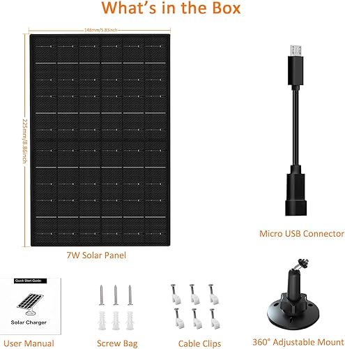Miniatura 7 de Zivif Panel solar para cámara de seguridad, cargador solar de 7 W con puerto micro USB y USB-C, panel solar USB C impermeable IP65 para cámaras de