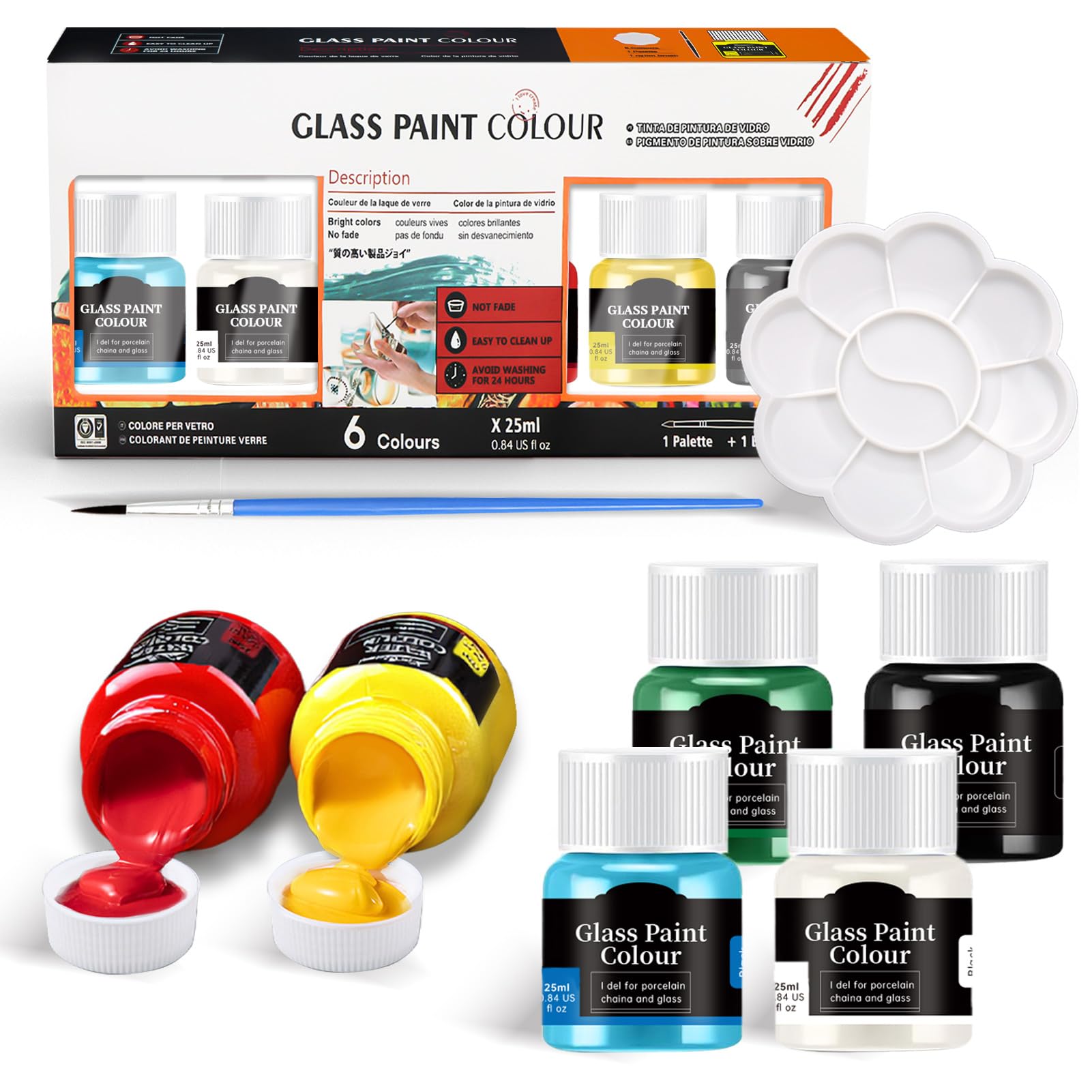 Allony Glass Paints for Glass Painting, Stained Glass Paint, Glass painting Kit, 25ml/6 Colors of Paint + 1 Brush, for Ceramic, glass & Rock Painting, Bright Colors, Strong Covering Power