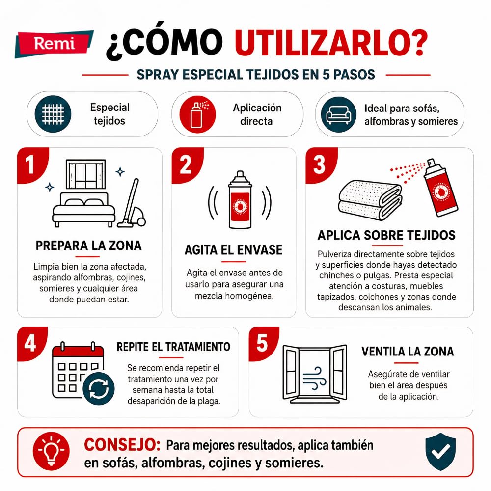Remi Hogar Spray Anti Chinches y Pulgas Insecticida | Veneno | Aerosol Repelente Especial Tejidos | Eficaz | Aplicar en muebles