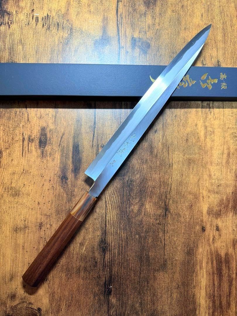 森本光一作 左用 刺身 柳刃 青鋼 紋鍛錬 尺 紫檀白水牛八角 森本光一作 左用 刺身 柳刃 青鋼 紋鍛錬 尺 紫檀白水牛八角