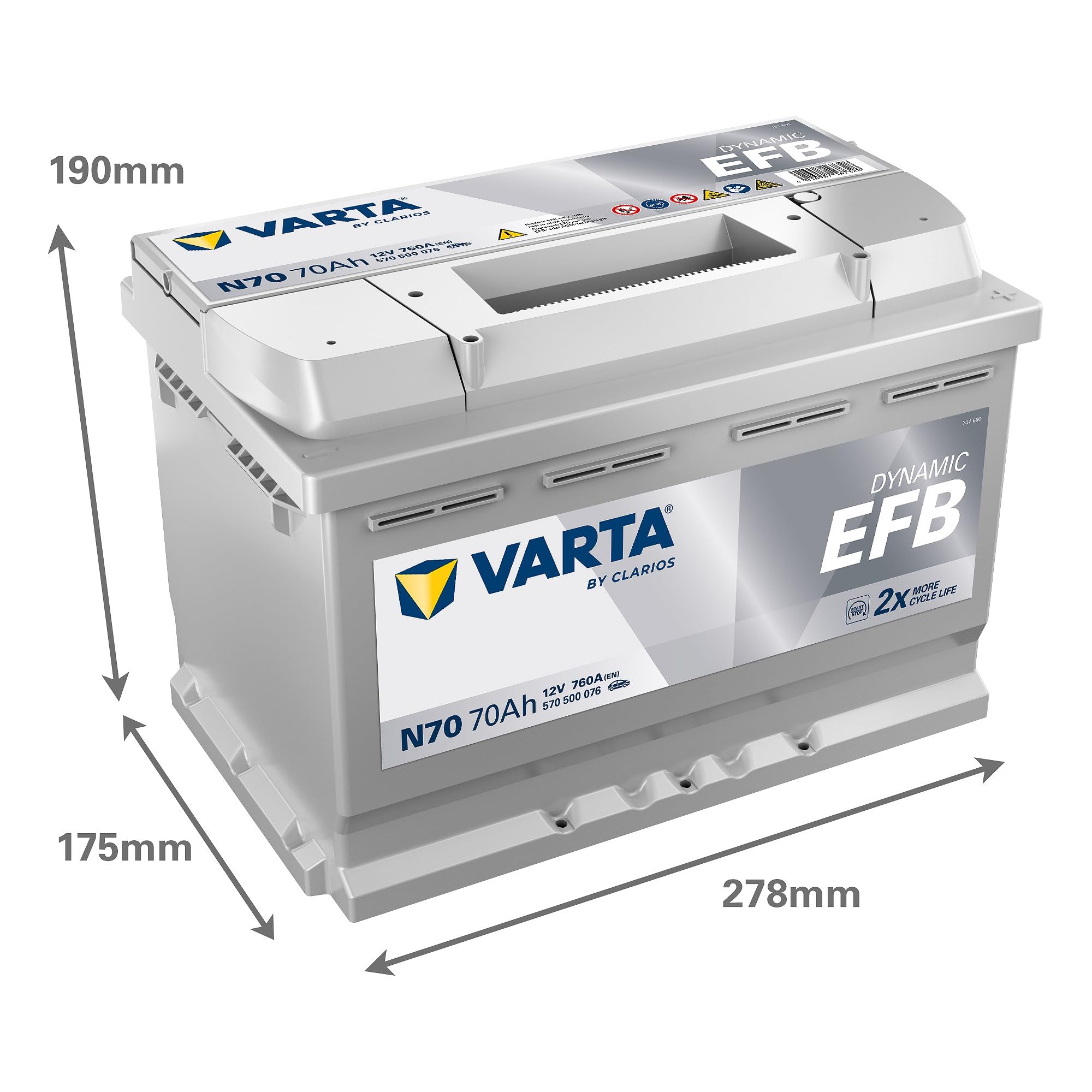 VARTA Batterie 70, Ah 760, A/EN 570500076K262 L 278mm B 175mm H 190mm Compatible avec VW Golf VII 3/5 portes 5G1, BQ1, BE1, BE2 Golf VI 3/5 portes 5K1 Polo V 3/5 portes 6R1, 6C1 Tiguan I 5N
