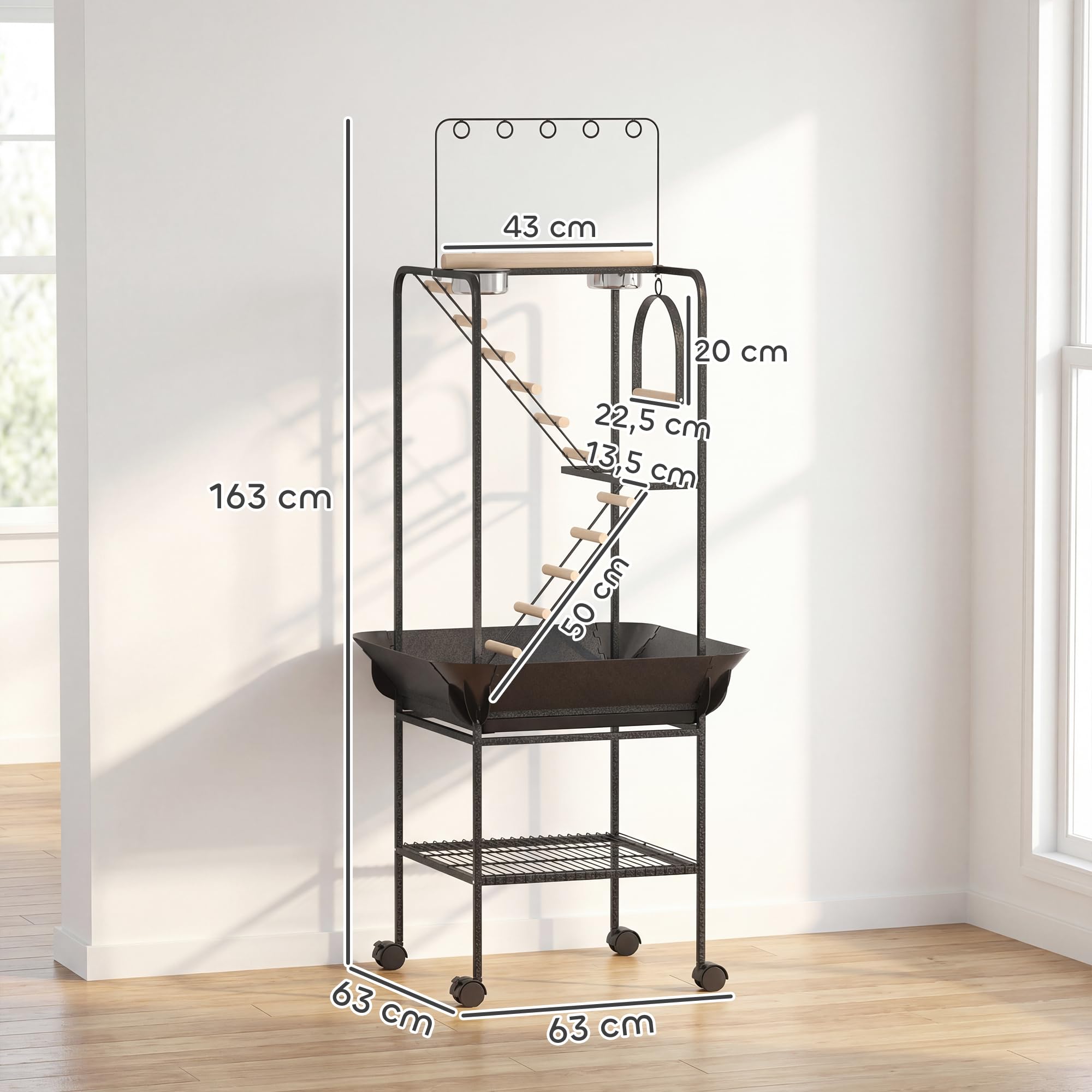 PawHut Parque de Juegos para Pájaros, Soporte para Pájaros con Ruedas, Escaleras, Columpio, Protector de Semillas, Bandeja, Comederos, Perchas, Gancho, Estante, para Periquitos Cacatúas, 63x63x163 cm