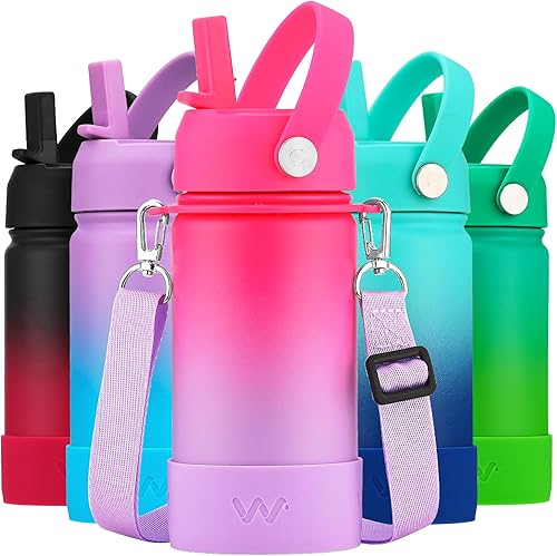WEREWOLVES Botella de agua para niños de 14 onzas con tapa con pajilla, correa para el hombro y botas, botellas de agua metálicas aisladas de acero