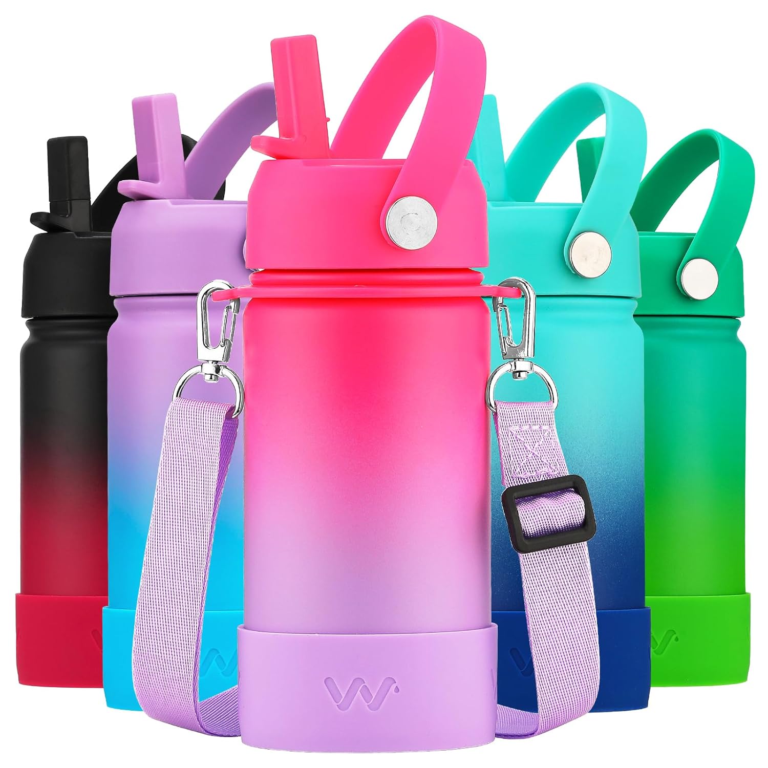 WEREWOLVES 14oz Kids Water Bottle with Straw Lid Shoulder Strap and Boot - Insulated Stainless Steel Reusable Leakproof