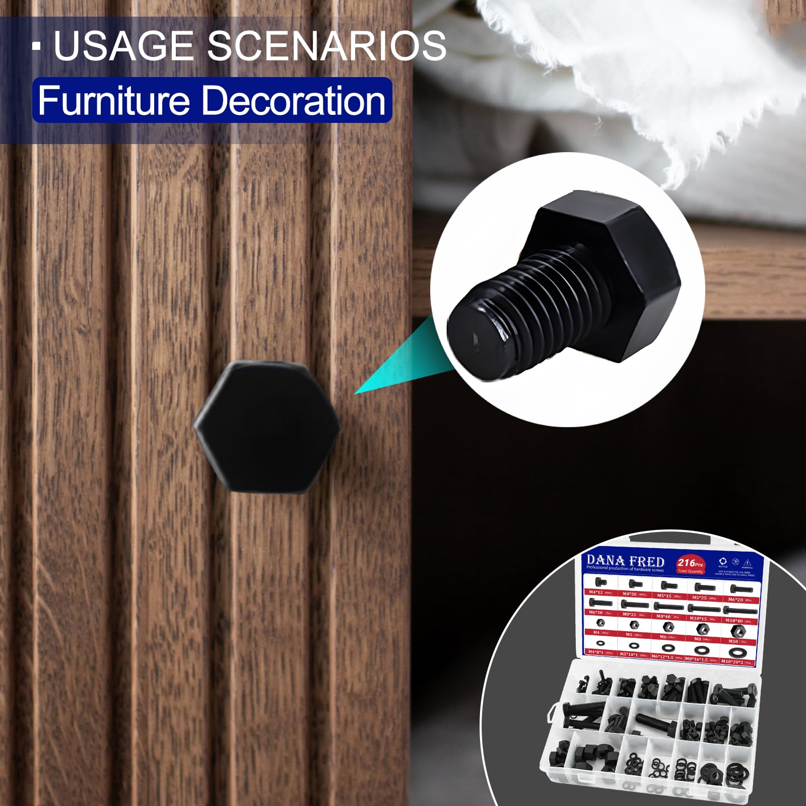 216pcs Black Nylon Hex Screw Nut Washer Kit - M4 To M10 Assortment For Electronics & PCB