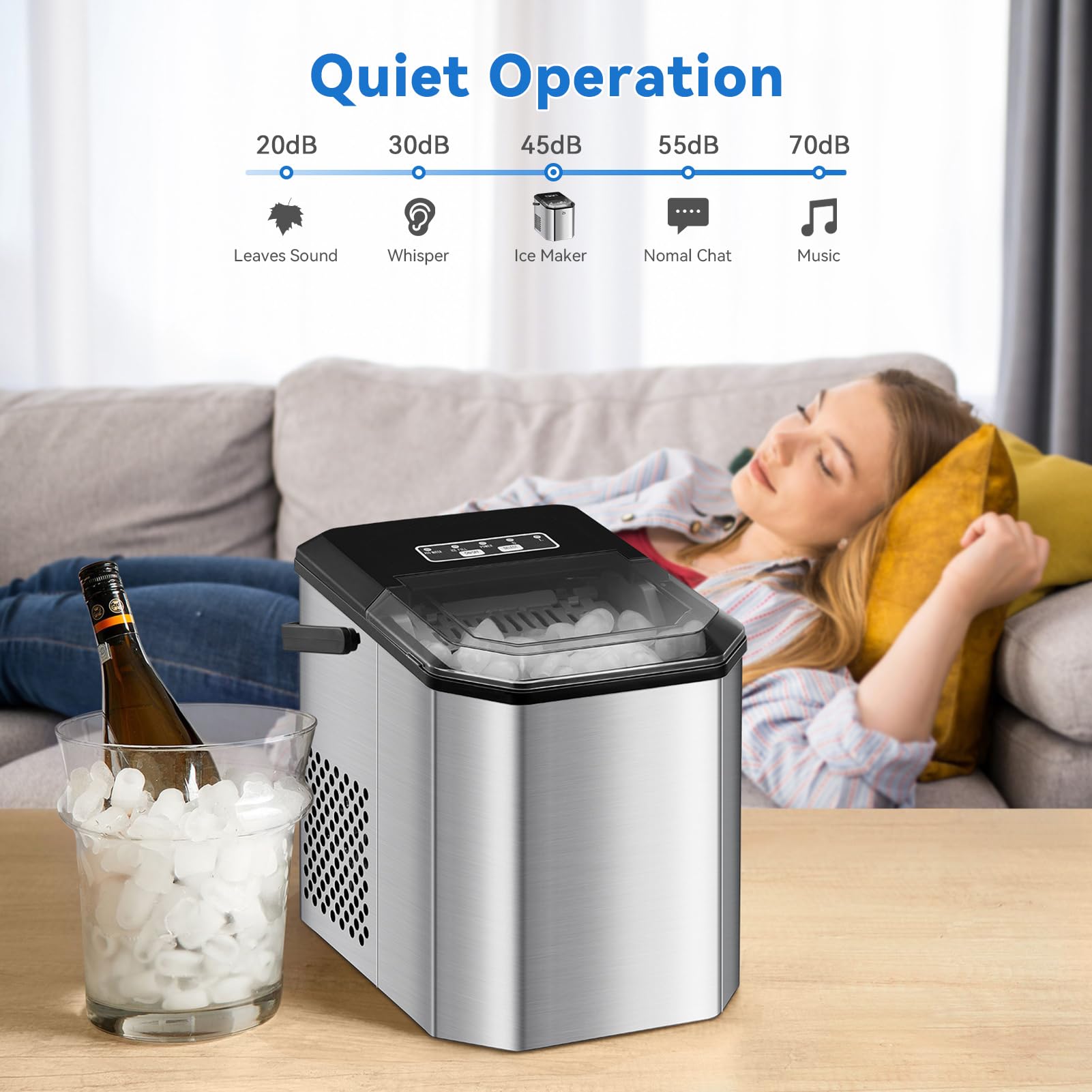 Kompakte Eiswürfelmaschine 120W – 9 Eiswürfel in 6 Min, 26 lbs/24h, Selbstreinigung, für Party, Büro, Bar, Wohnmobil, Eisschaufel & Korb, leise