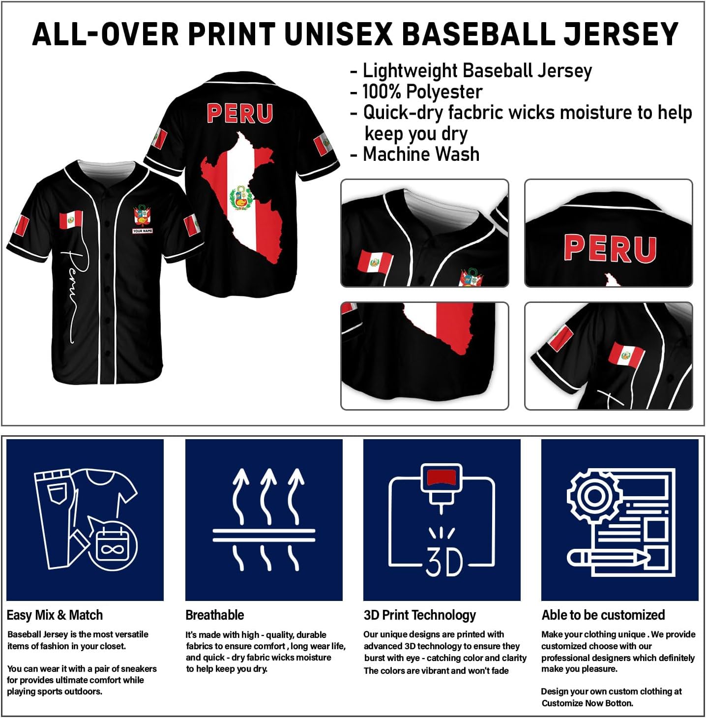 Custom Peru Baseball Jersey Shirt, Peru Flag Jersey Customize, Peruvian Shirt Gifts for Women Men, Peruvian Jersey
