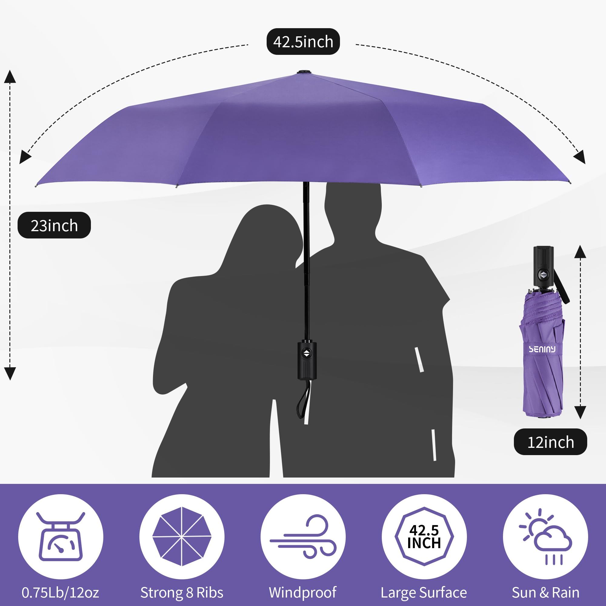 Seniny Winddichter Reise-Regenschirm, automatische Regenschirme für Regen, tragbare & kompakte Regenschirme für Rucksack, starker UV zum Schutz, faltbarer kleiner Sonnenschirm für Auto, Spaziergang