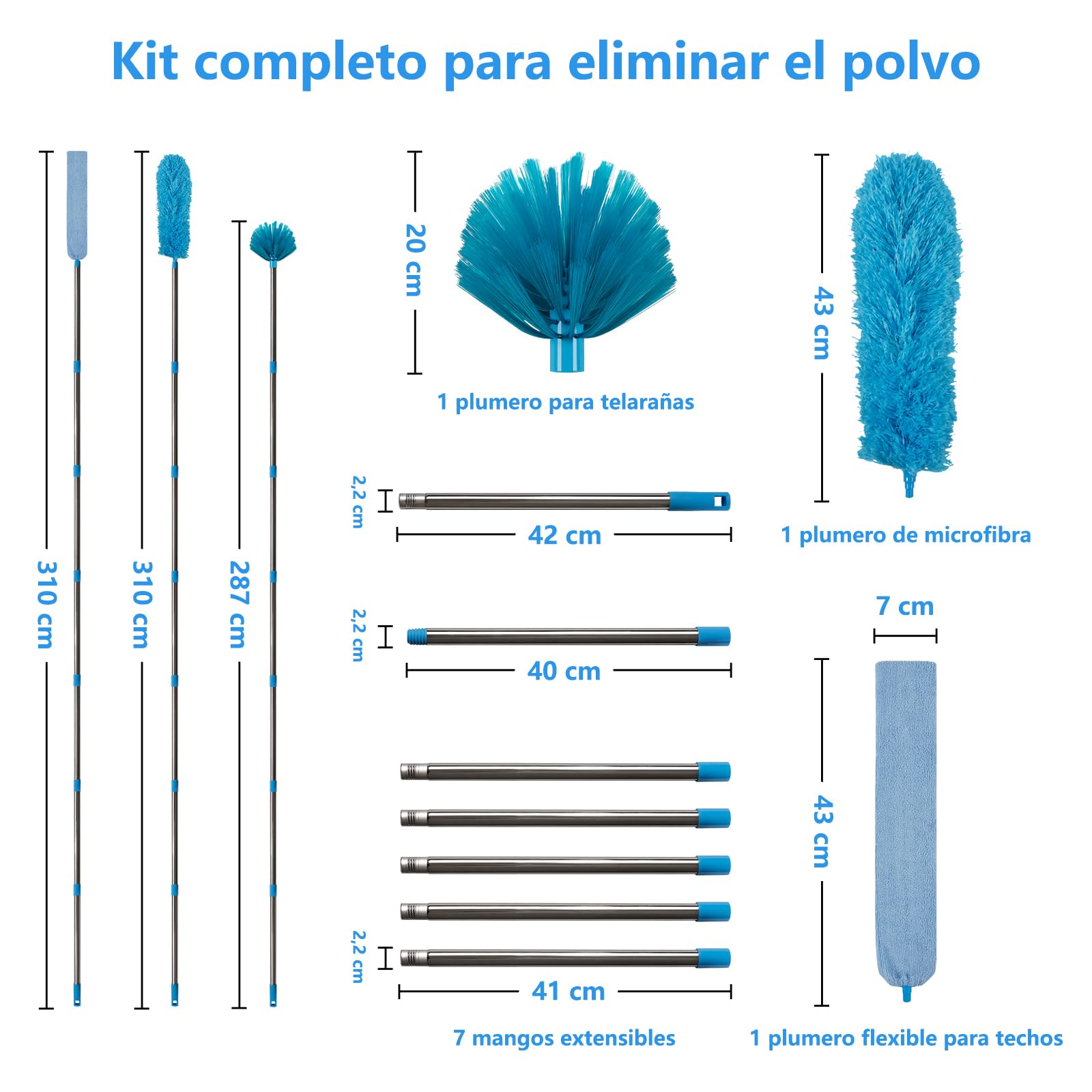 Terafeels Plumero telescópico largo de 310 cm, lavable, con 1 escoba de esquina flexible y 1 removedor de telarañas para limpieza debajo del sofá, muebles, ventilador de techo, telarañas (azul)