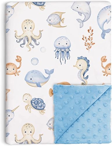 Under The Sea Baby Blankets Neutral for Boys Girls, Ocean Animals Toddler Soft Minky Blanket with Double Layer Dotted Backing, Nursery Newborn Baby Crib Receiving Blanket Sea Characters, 30"x40"