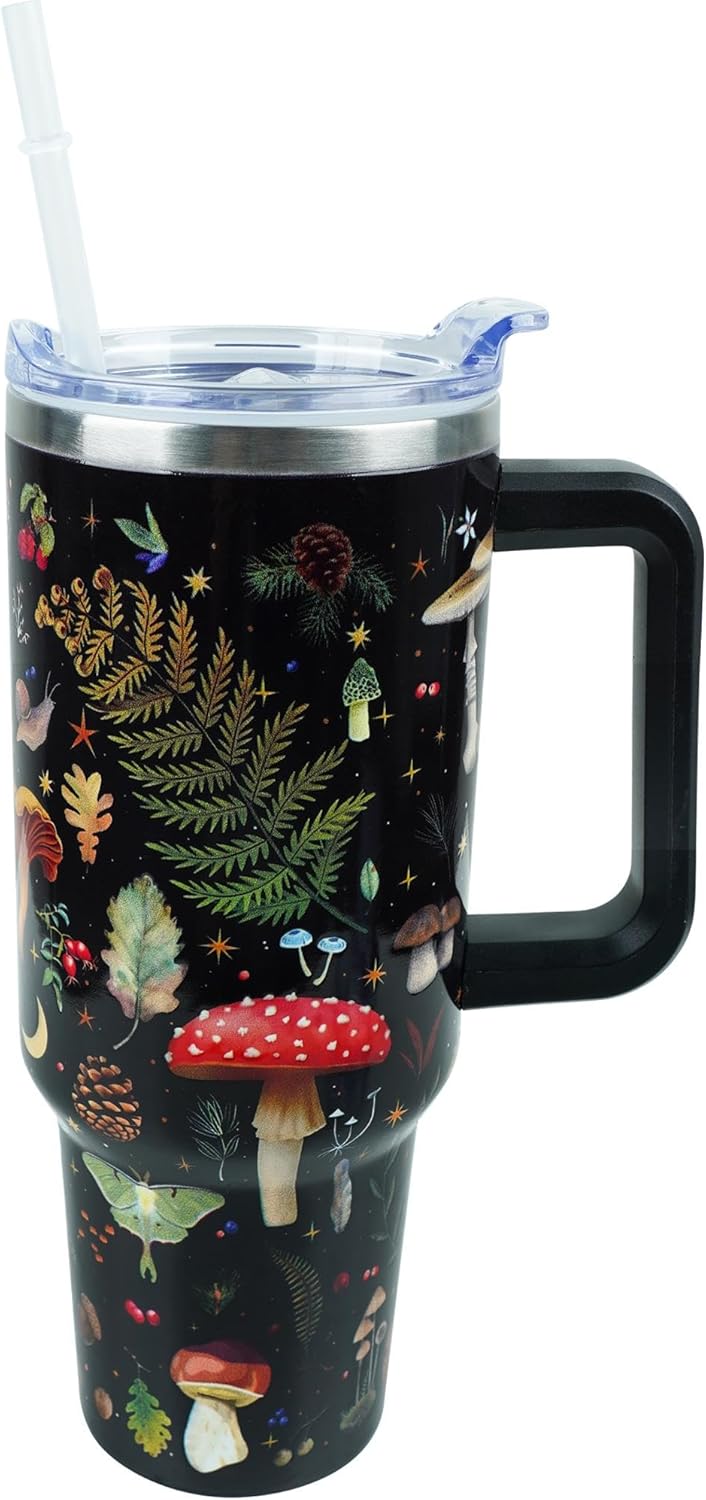 Cute Mushroom Cup 40 oz Tumbler with Handle and Straw Lid Leak Proof, Coffee Travel Mug with Handle Insulated for Hot and Cold Drink Ice, Mother's Day Birthday Gifts for Women Stainless Steel Cup