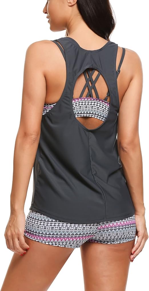 Bsubseach 3-delig tankini-badpak voor dames, atletische badpakken, bescheiden tanktop met sportbeha, Paars, S