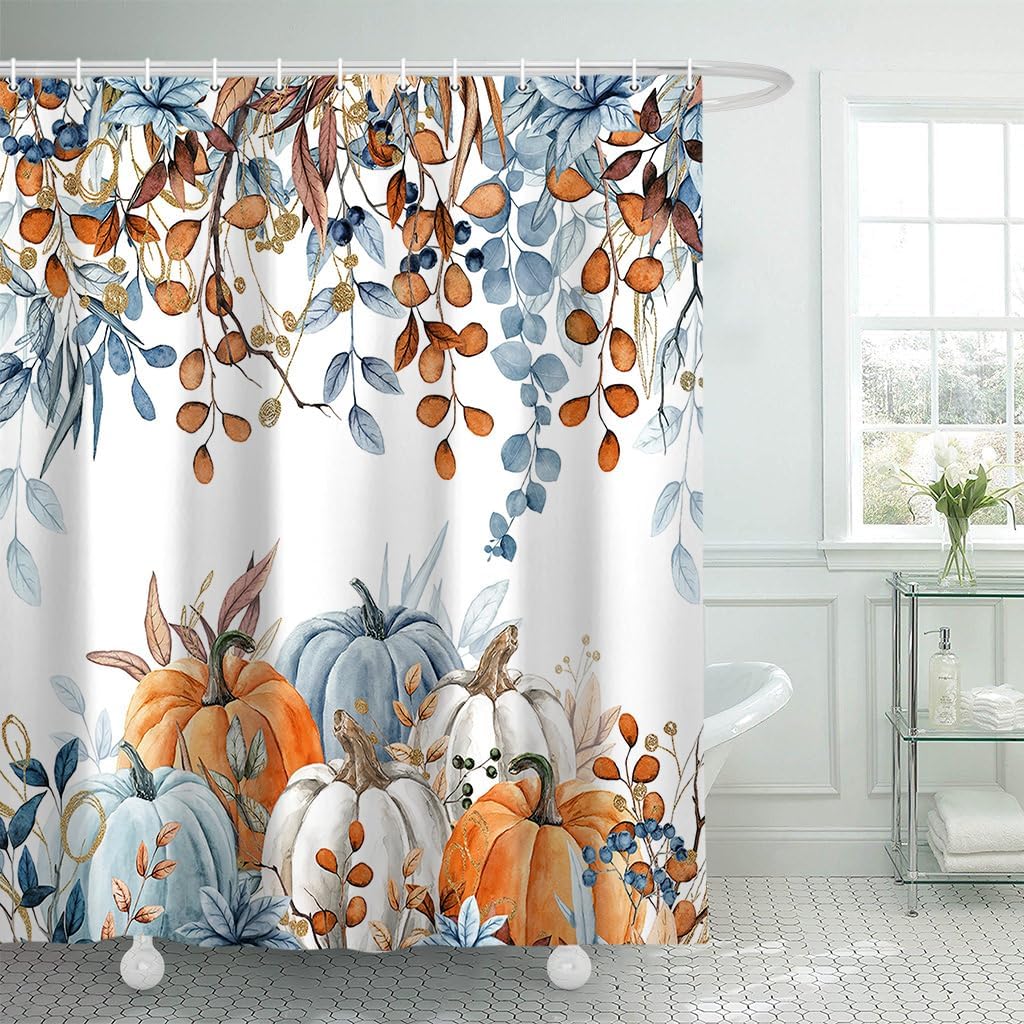 Fall Autumn Shower Curtain, Harvest Pumpkin Thanksgiving Farmhouse Bath Curtain, Blue Orange Pumpkins Maple Leaves Bathroom Accessories Botanical Floral for Bathroom Curtain Set with Hooks, 69x84in