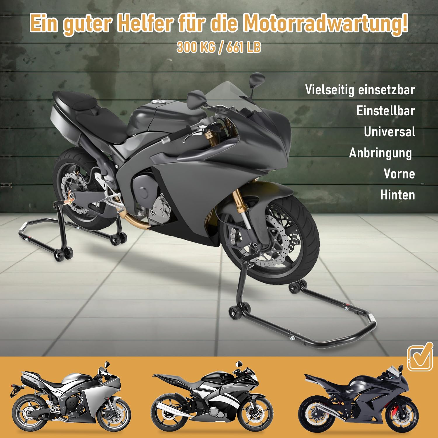 Stojak na motocykl, podnośnik do motocykla, tylny stojak z podwójnymi kółkami, regulacja szerokości, prace montażowe do motocykli do 300 kg, stabilność (czarny)