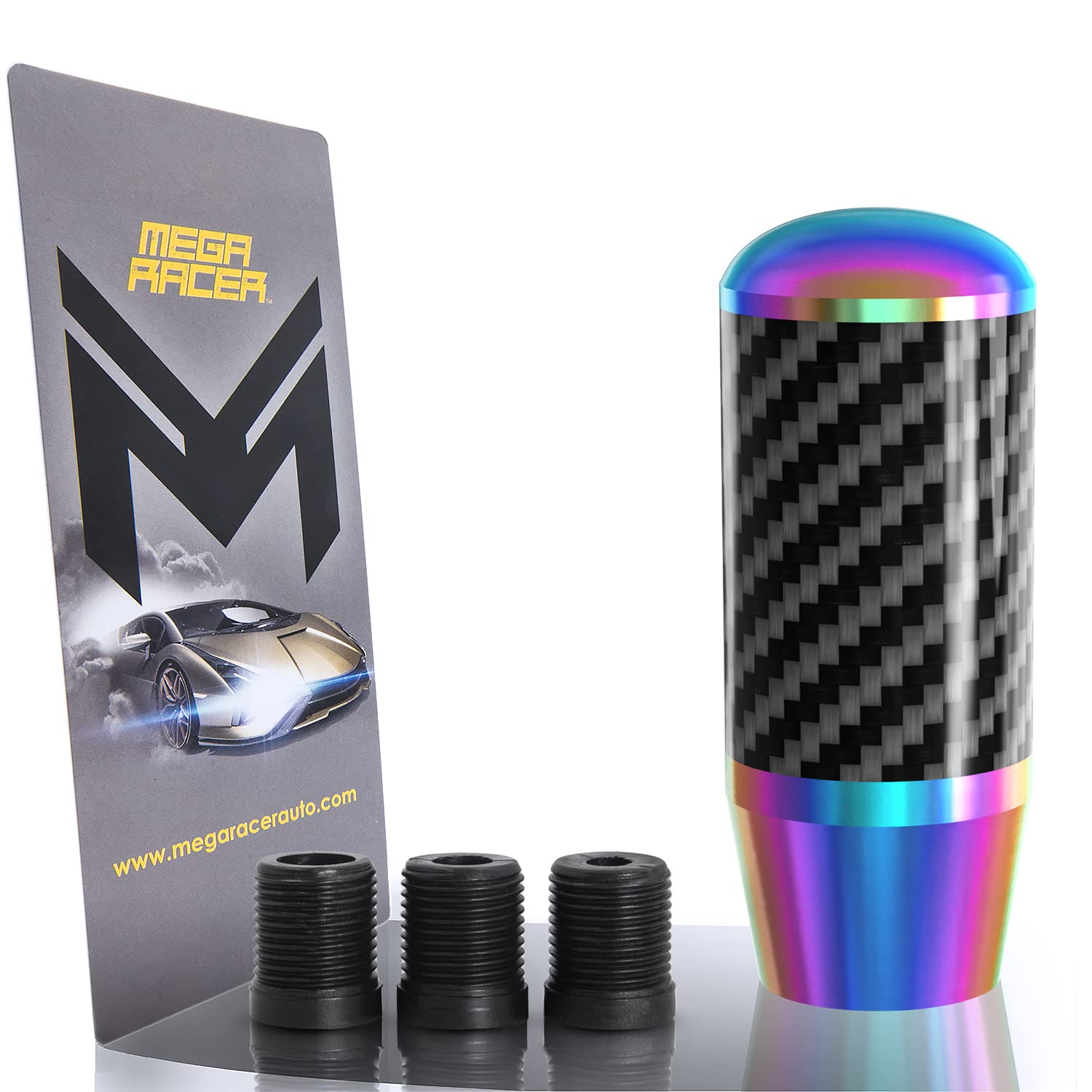 Mega Racer 100% Real Carbon Fiber Neo Chrome Aluminum Shift Knob - for Buttonless Automatic and 4, 5, 6 Speed Manual Transmission Vehicles, Black Carbon Fiber Grip with Rainbow Top & Bottom, 1 Piece