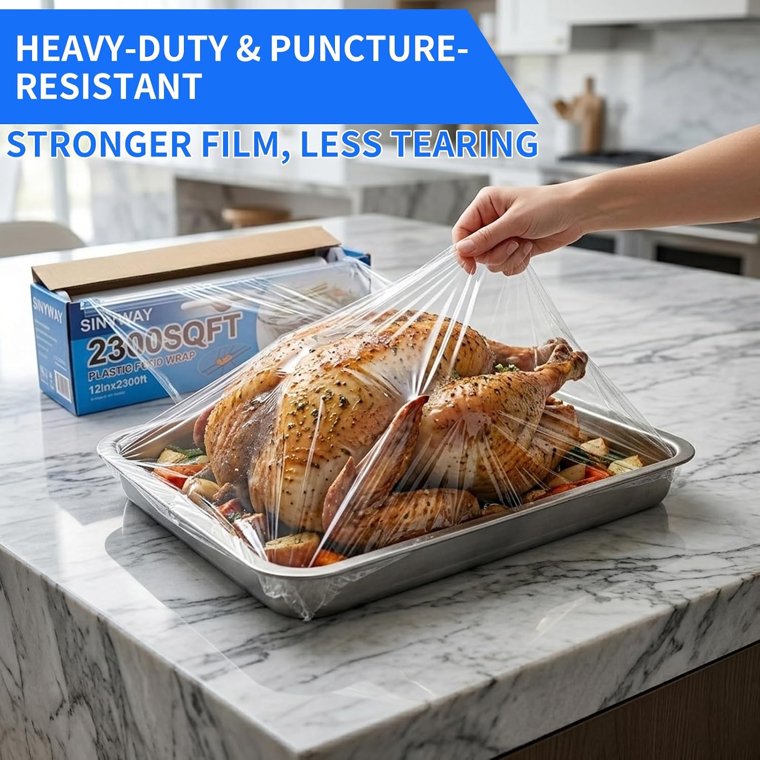 12" x 2300 SqFt Plastic Wrap with Slide Cutter, Commercial Size Cling Wrap for Kitchen, Extra-Long Roll with Built-in Roller, Heavy Duty Plastic Food Wrap for Home or Restaurant BPA Free