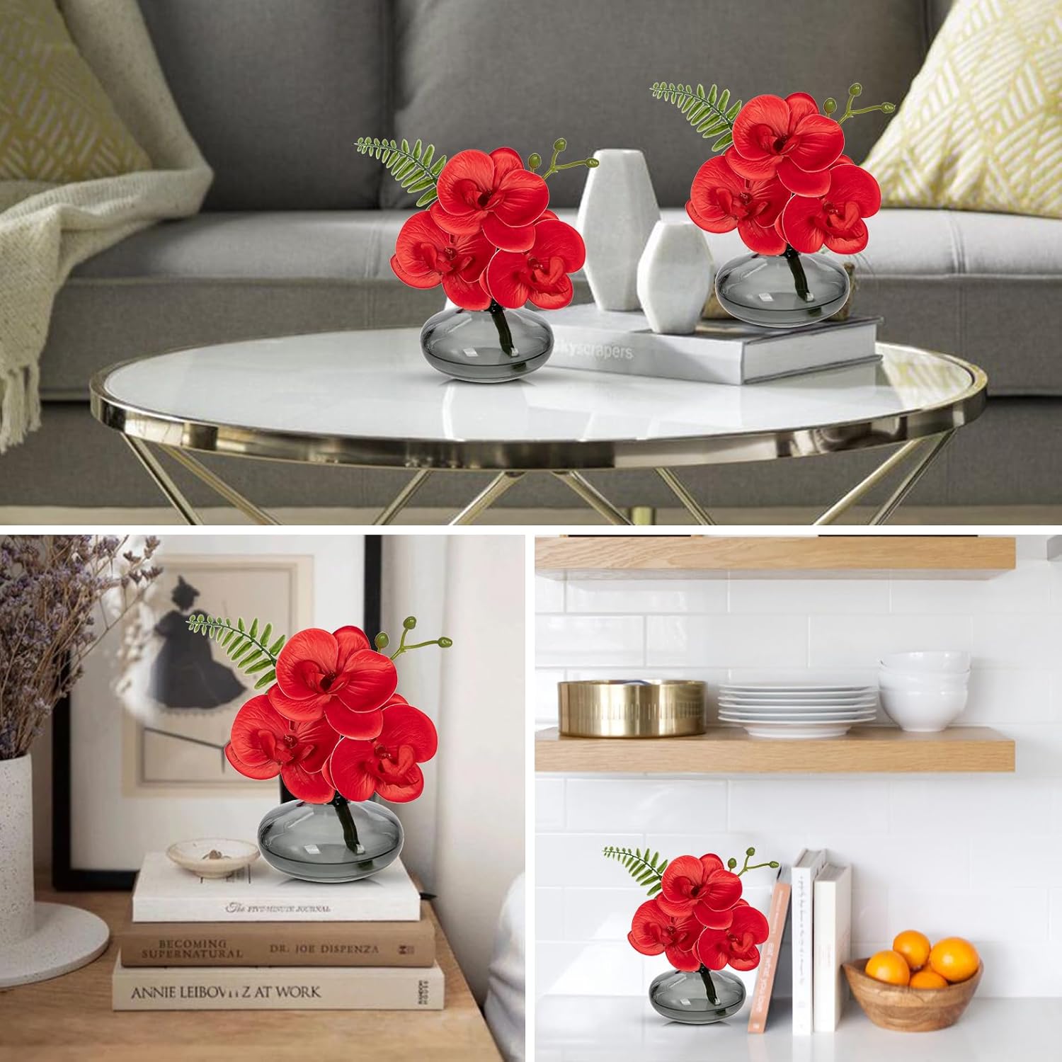 Red Orchids Artificial Flowers Faux Orchids Arrangement in Black Glass Vases Set of 3 Real Touch Phalaenopsis Orchid Flowers Small Fake Orchid Centerpiece for Dining Room Table - Image 4