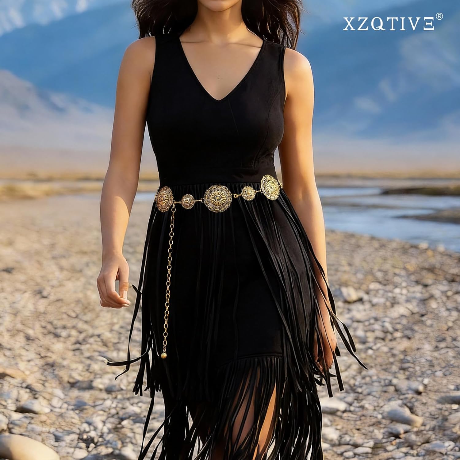 XZQTIVE Western Concho Belt for Women Silver Gold Metal Cowgirl Country Rodeo Turquoise Chain Belt for Dresses Jeans - Image 3