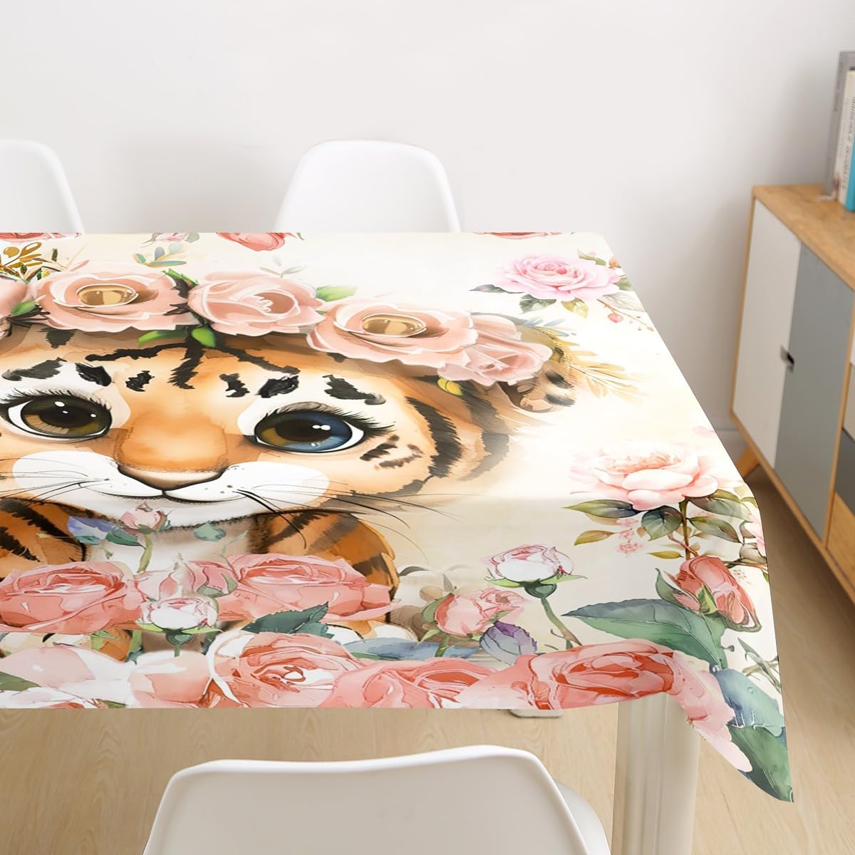 Cute Tiger Table Cloths,Kawaii Animal Cartoon Wildlife Printed Table Cover,Pink Floral Green Plant Watercolor Microfiber for Dining Kitchen Decorative,Tabletop Decoration 55"x71" Oblong/Rectangle image 2