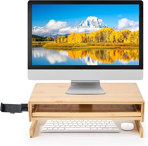 Soporte para monitor con cajón de almacenamiento y soporte para teléfono, soporte para monitor con bandeja para teclado, elevador de monitor ancho