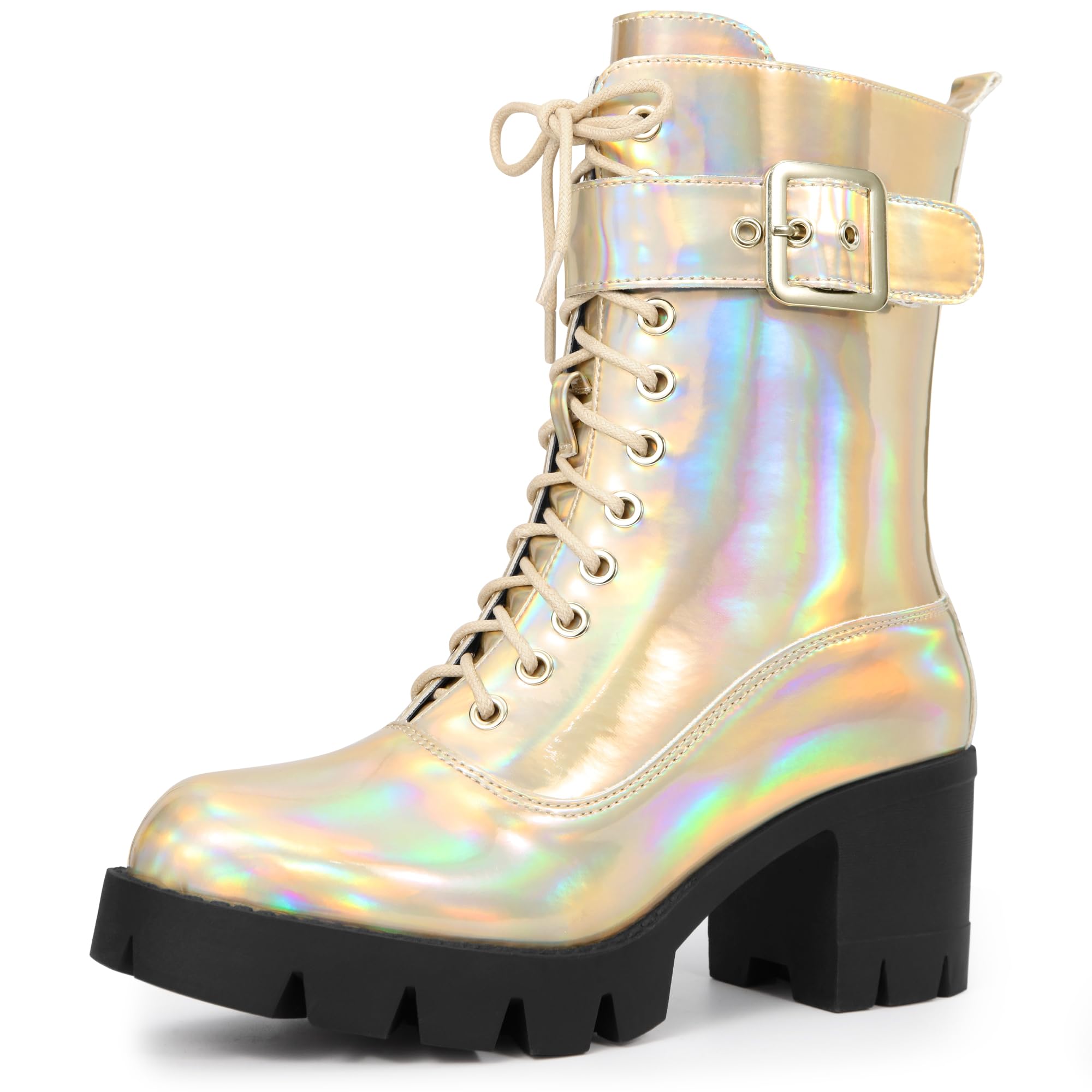 Perphy Platform Lace Up Round Toe Chunky Heel Combat Boots for Women