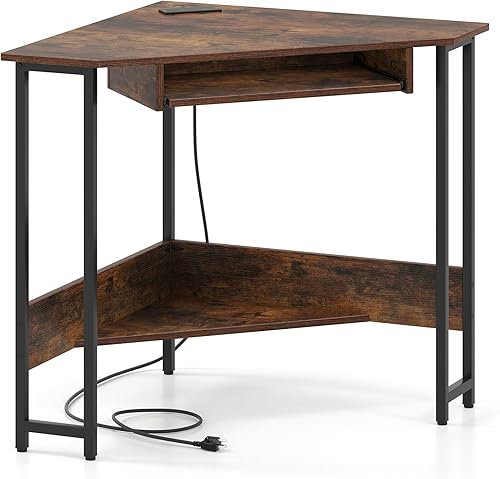 Miniatura 19 de Escritorio esquinero industrial, escritorio de computadora con toma de corriente, estantes de almacenamiento y marco de metal, escritorio de madera