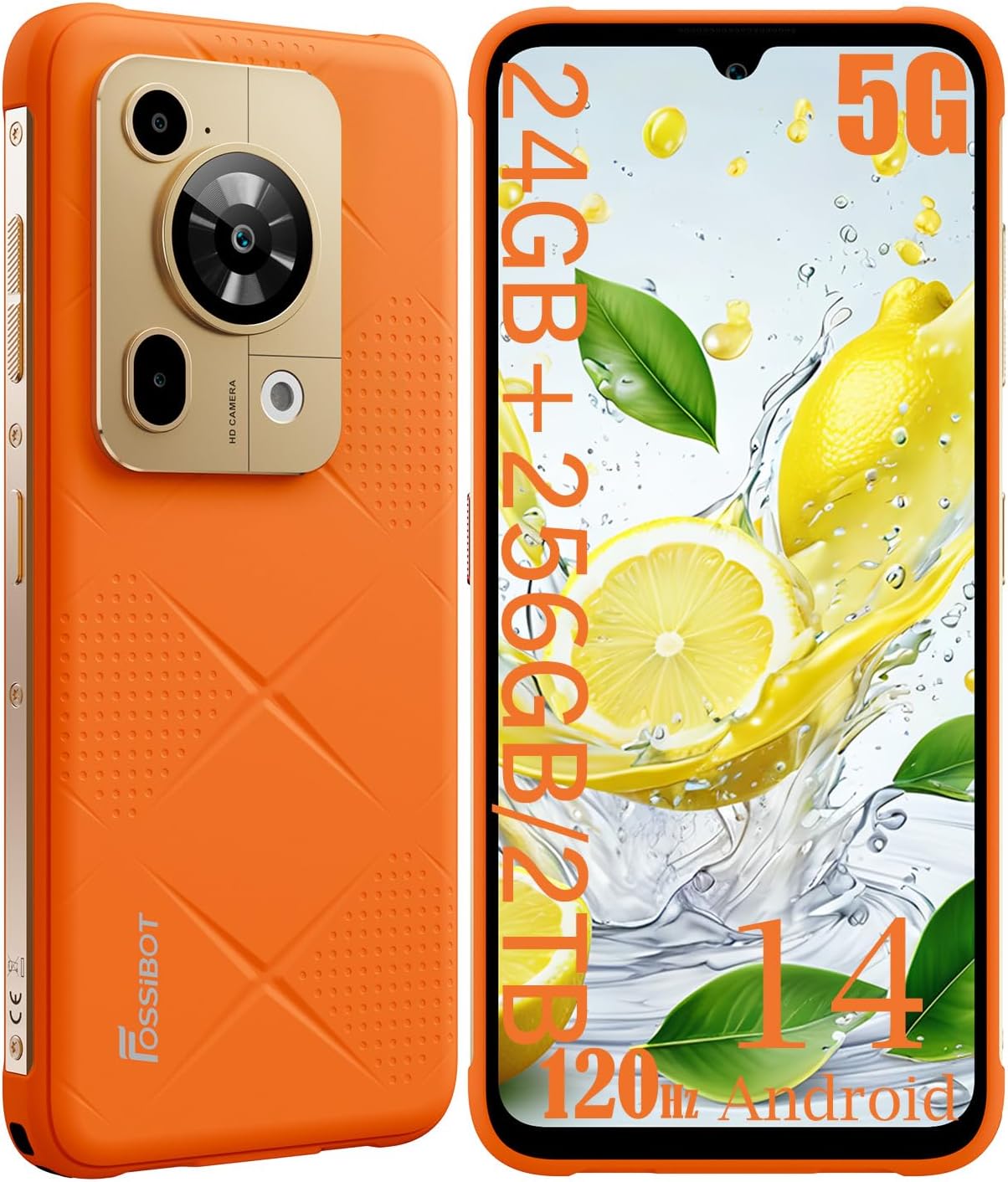 FOSSIBOT F112 Pro 5G Rugged Smartphone, 24GB+256GB/2TB Android 14 Unlocked Cellphone, 7150mAh Battery Cell Phone, 6.88” Display, Dual SIM 5G Phones, IP68 / IP69K,NFC,2026 Orange