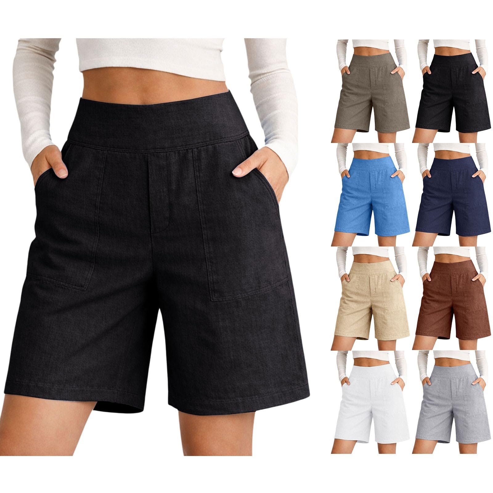 Pantaloncini Corti Cotone e Lino Donna Estivi - Bermuda Larghi Pantaloncini Leggero Comodi Vita Alta Elastico Eleganti al Ginocchio Curvy Eleganti Calda Comodi Respiranti Larghi Spiaggia 2026 S-3XL