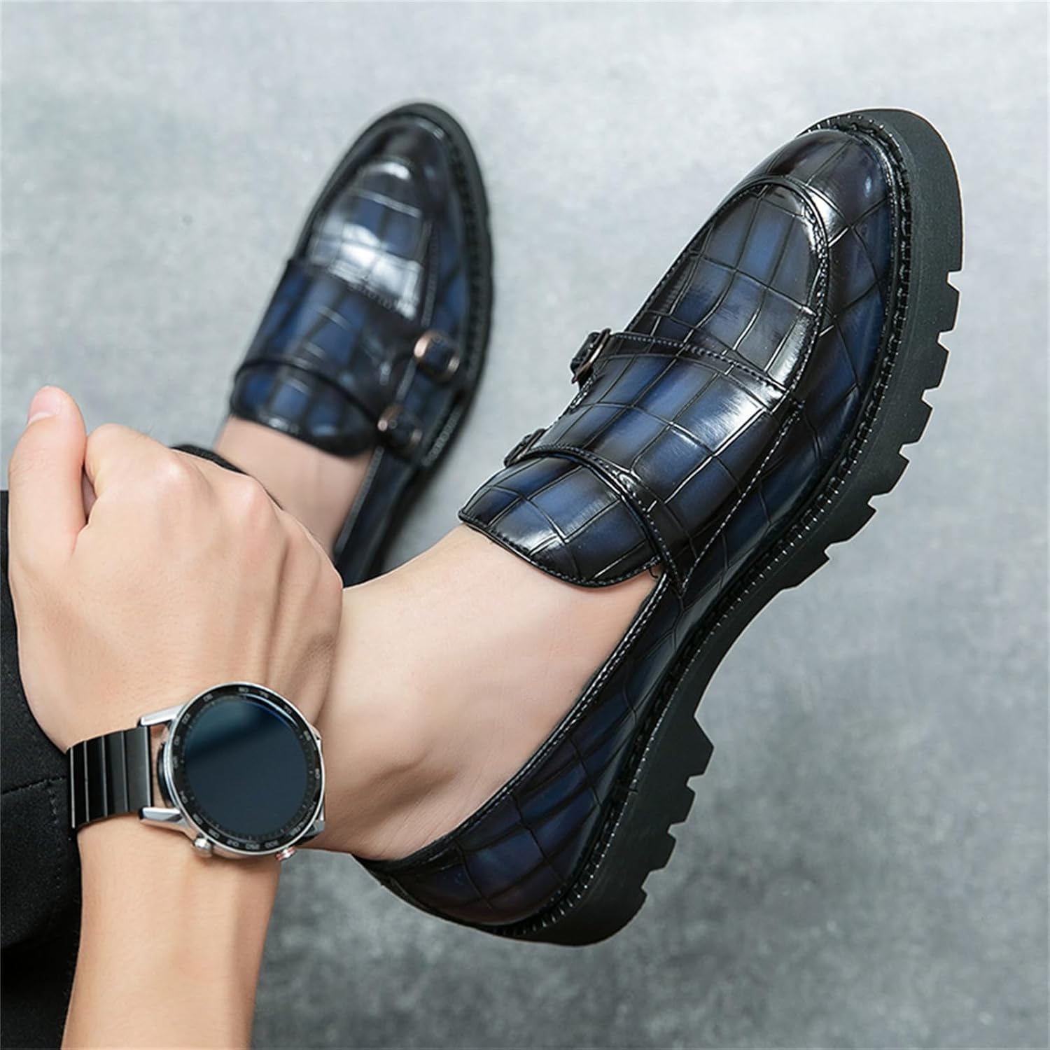 Men's Slip-On Patent Leather Platform Loafers with Double Buckle,Classic Non-Slip Penny Loafers Dress Driving Moccasins Casual Fashion Boat Shoes - Image 8