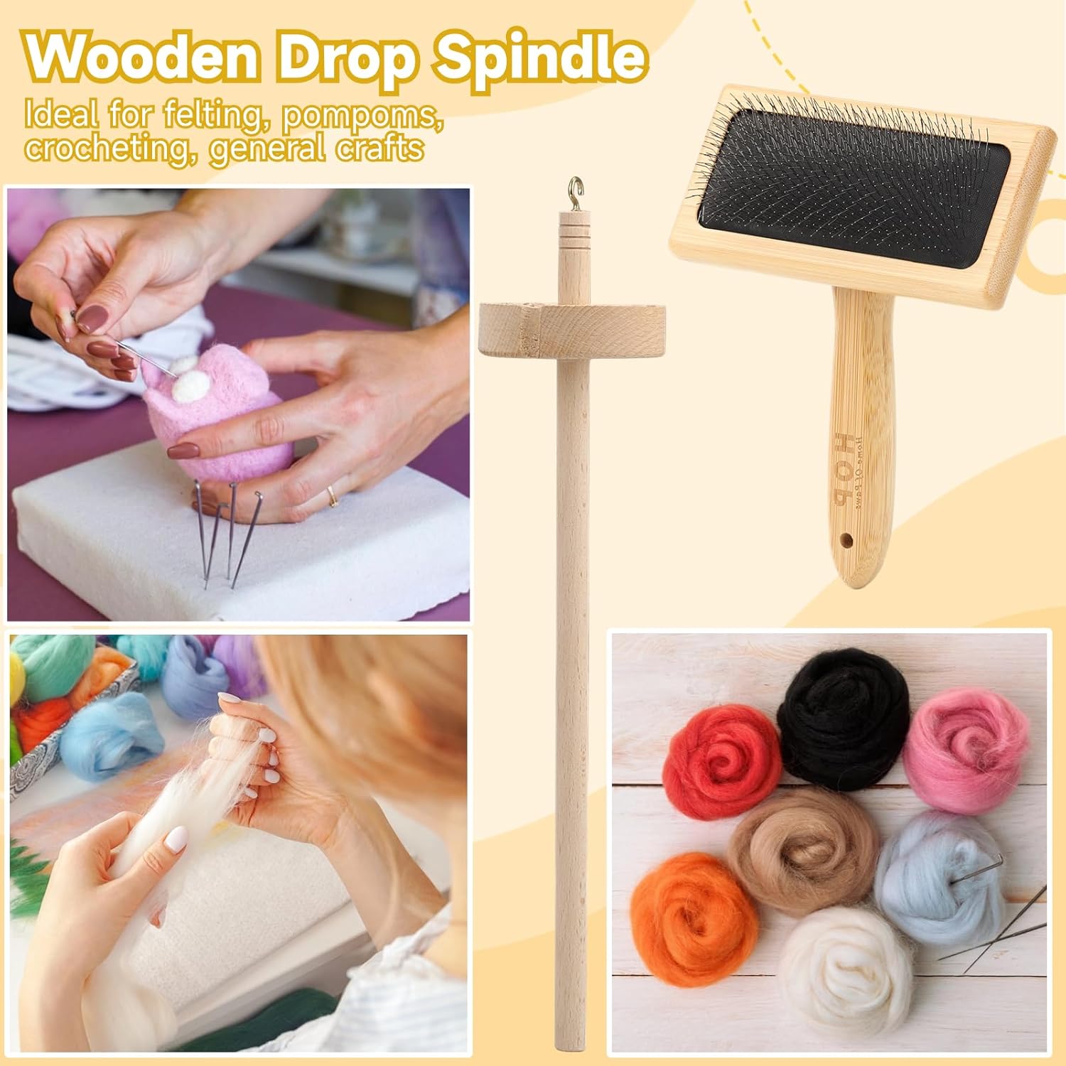 2PCS Wool Carders with Drop Spindle Set, Hand Carders Wool Needle Felting Brush, Drop Spindle Maple Top Whorl Spinning Smooth Finish, for Craft Felt Project