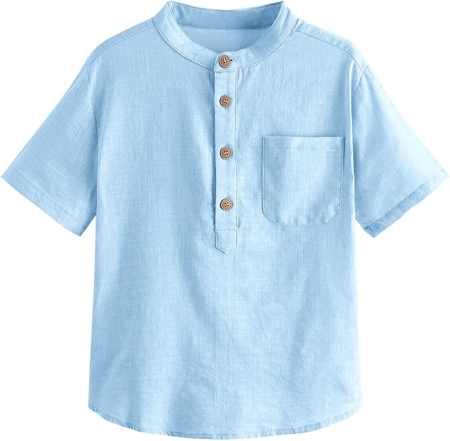 Haloumoning Camisa de lino para chicos de manga corta Henley, camiseta de verano, monocolor, corte regular, informal, informal, para fiestas, para niños (3-14 años)