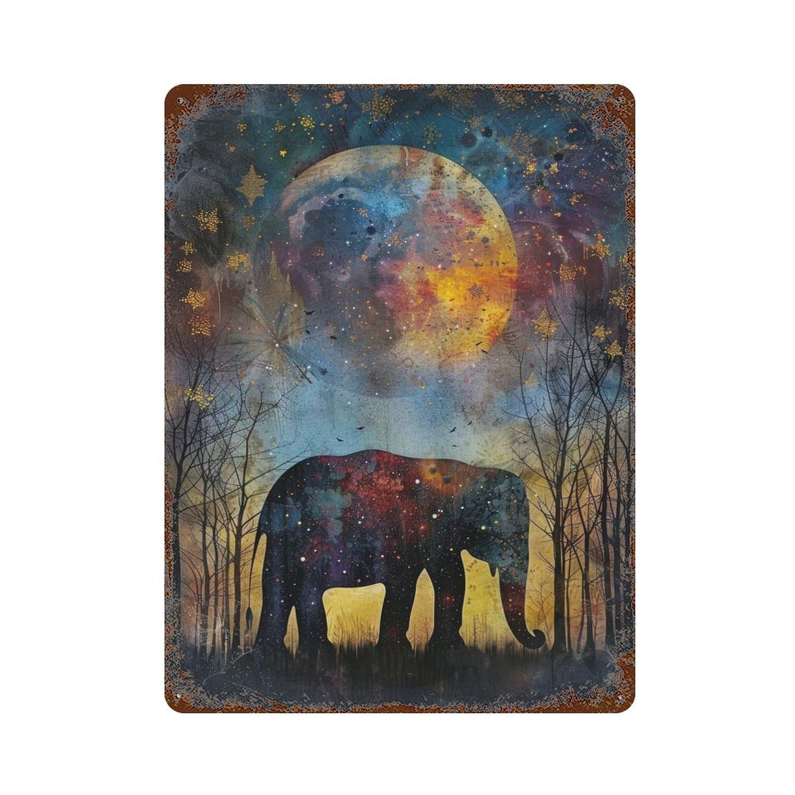 Celestial Elephant Rust Effect Tin Sign 15.7"x11.8", Old School Wall Decor for Farmhouse, Kitchen And Entryway Decor