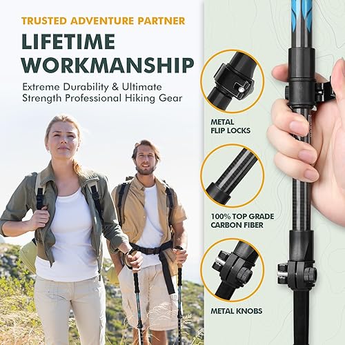 Miniatura 8 de KINGGEAR Bastones de senderismo de fibra de carbono  Cerraduras telescópicas plegables con mango de corcho natural y bastones de senderismo con