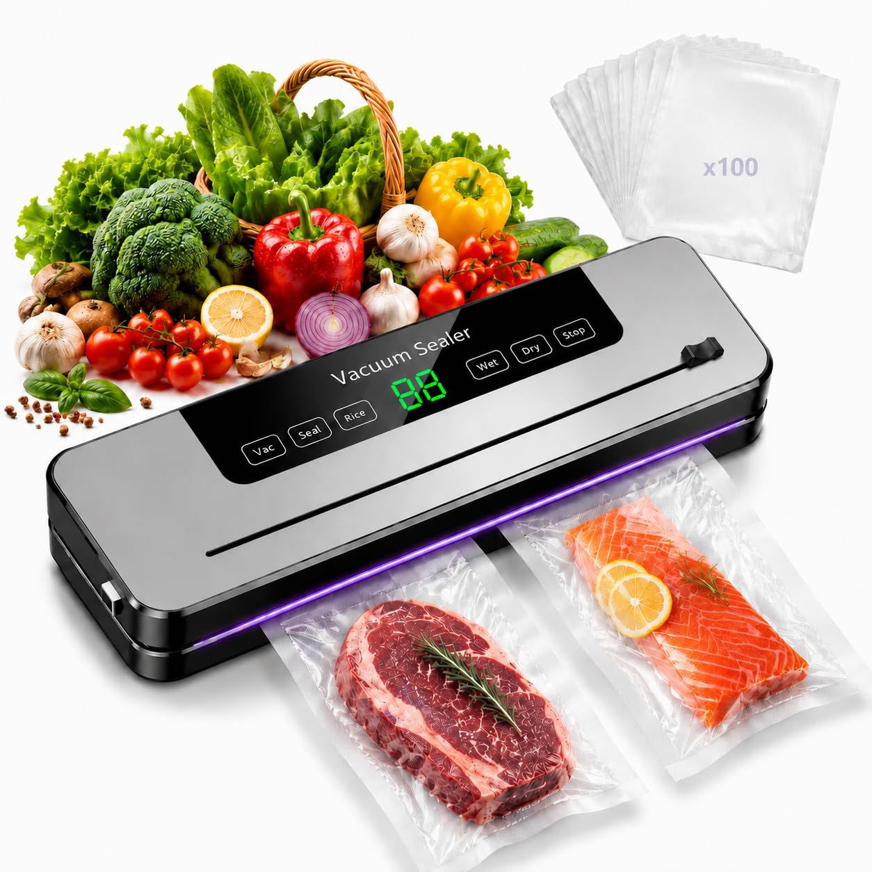Envasadora al vacío con 100 bolsas al vacío, sellador automático al vacío, modo seco y húmedo para carne, verduras y frutas, máquina de sellado al vacío para almacenamiento fresco