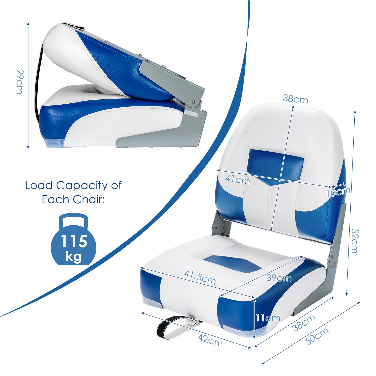KOMFOTTEU 2 Asientos Plegables para Barco, Sillas Acolchada con Espuma Espesa, Asiento de Yate Ergonómico con Respaldo Alto, Carga de 100 kg, 50 x 52 x 42 cm (Azul)