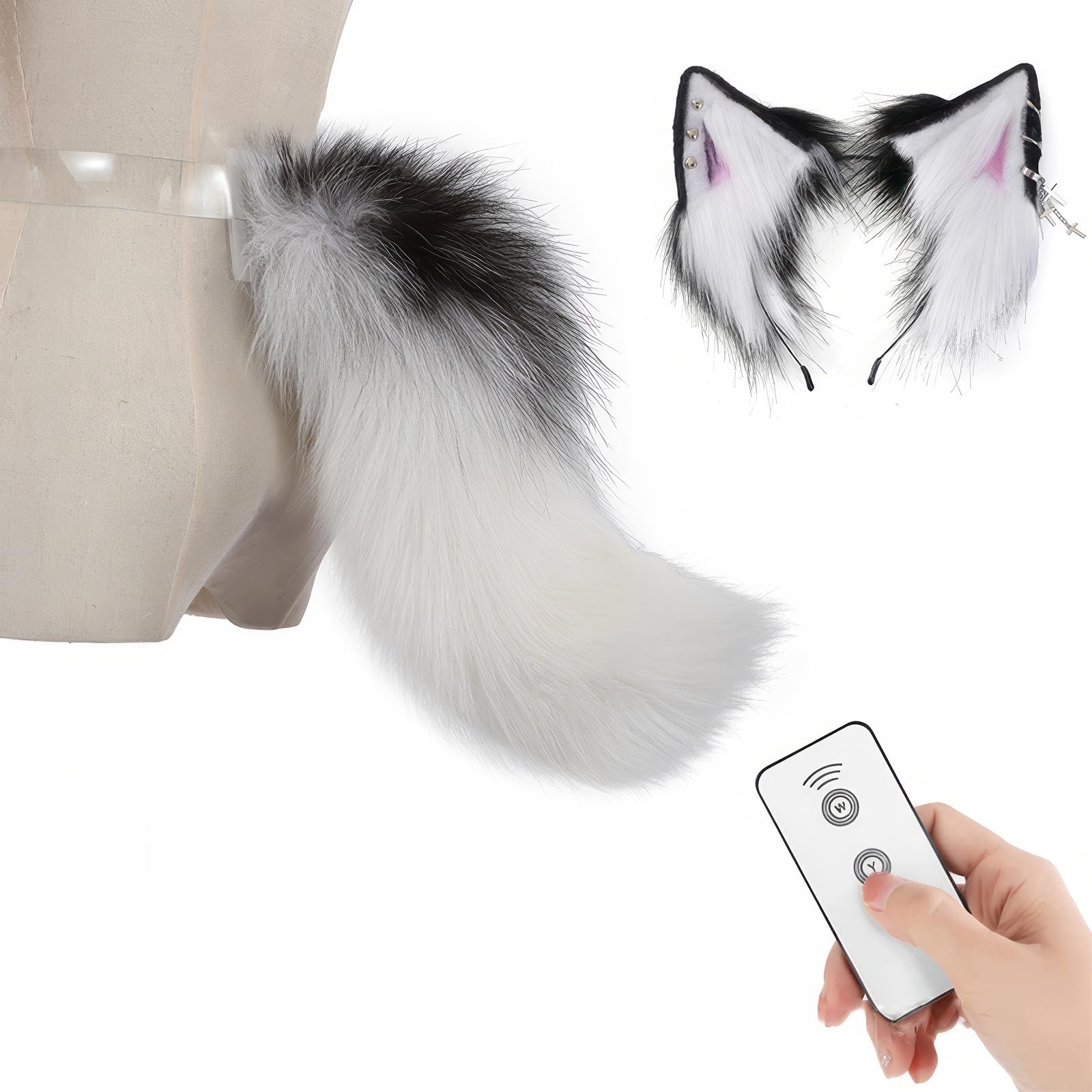 Rolamumu Unisex A Electric Furry Tail, Movable Tail Cat Fox Wolf Tail Headband Halloween Cosplay Nime Lolit Furry Tail Set (Color : )