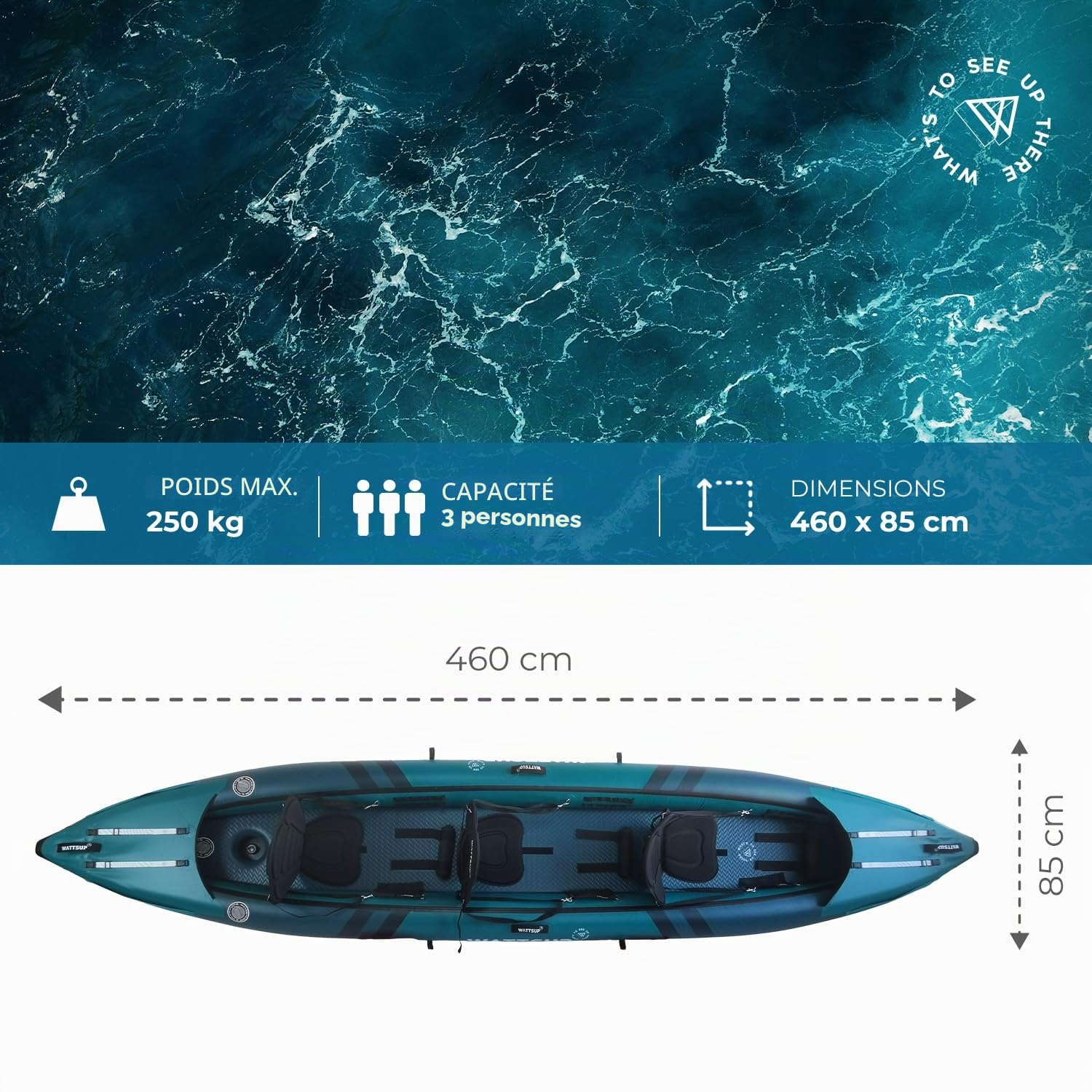 Wattsup - Kayak Gonflable - Gamme COD 3 Places - 460x85cm (15'1"x33") - 100% Haute Pression/Dropstitch - Pack Complet : Pagaies Double Sièges Pompe Sac de Transport - Jusqu'à 250 kg - Bleu